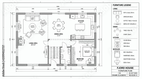 Fjord house furniture plan with detailed room layout and dimensions