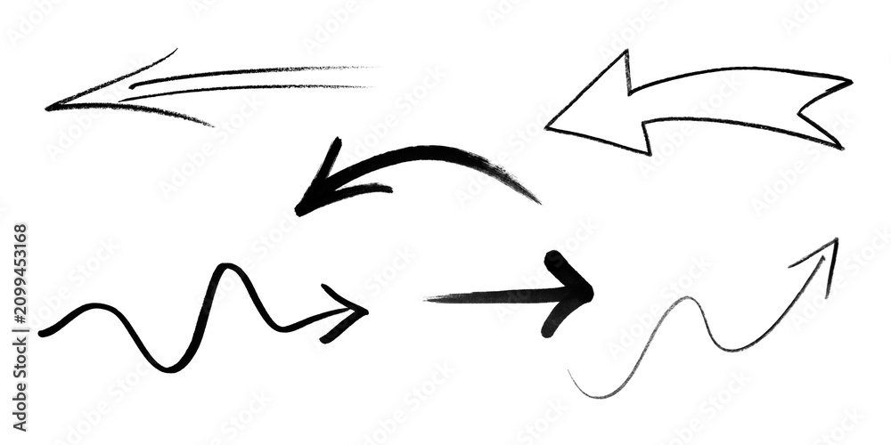 Fototapeta premium Hand drawn black and white arrows pointing right various styles for design and direction indication on transparent background transparent background