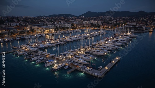 Boats Docked in a Marina With Lights Shining at Night in a Coastal City