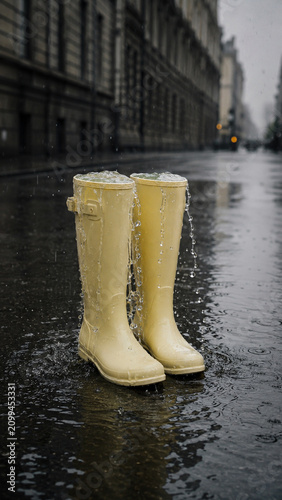Yellow Rubber Boots Standing in Puddle on Rainy City Street. Fashion rubber boots full of water. Heavy rain in the city. Big city life concept. Fashion lifestyle.