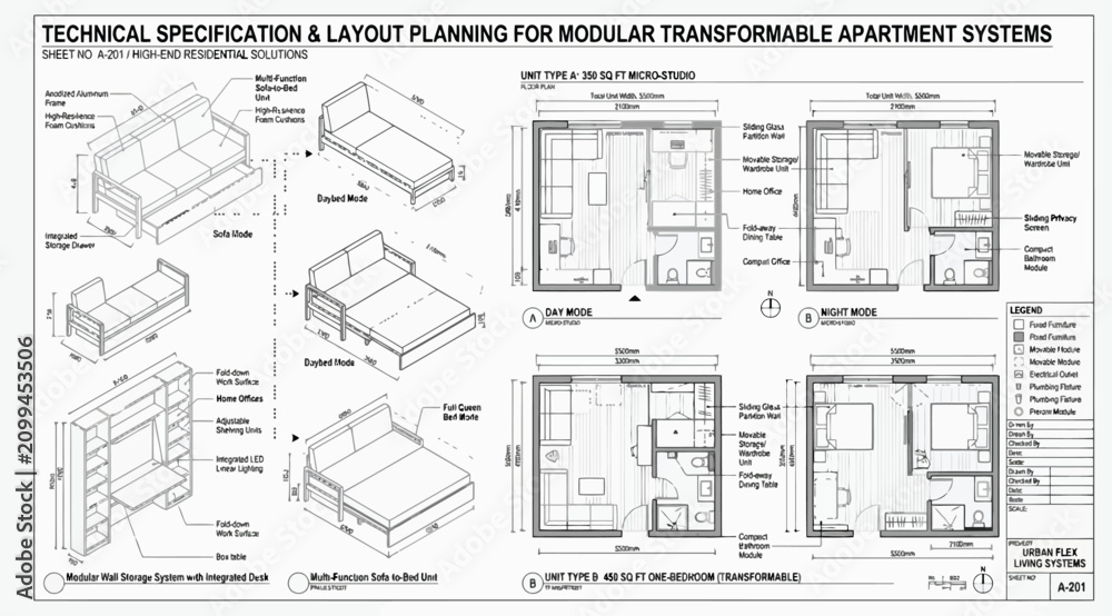 Fototapeta premium Technical specification and layout planning blueprint for modular transformable apartment systems