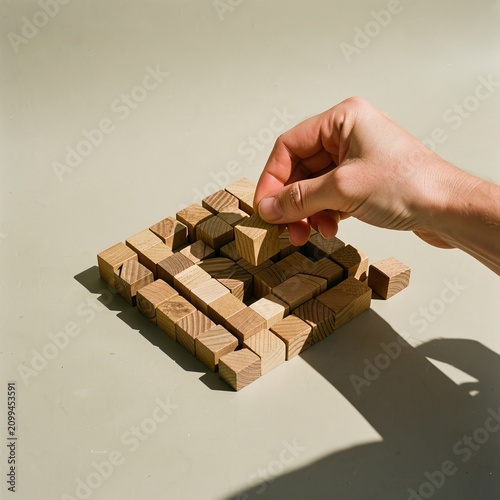 Hand Arranging Wooden Blocks for Miniature House.