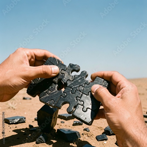 Hands Holding Broken Puzzle in Desert.