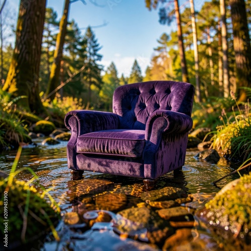 Purple Armchair in Sunlit Forest Clearing.