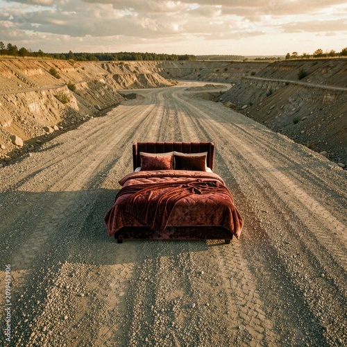 Red Bed Set In Quarry Landscape.