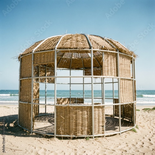 Rustic Bamboo Beach Cabana on Sandy Shore.