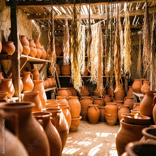 Rustic Pottery Workshop Filled With Clay Vessels.