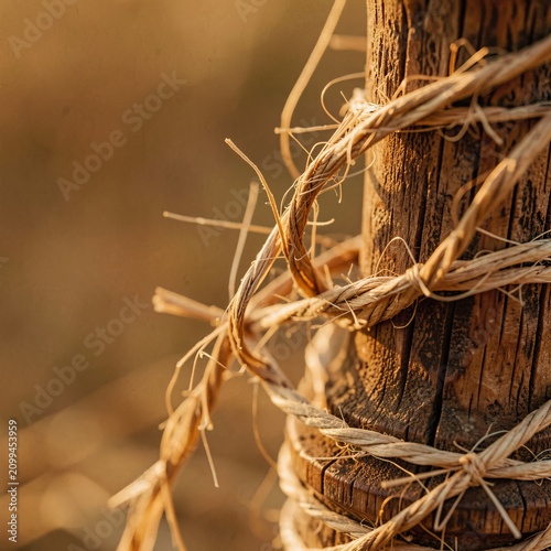 Rustic Rope Knot on Weathered Wooden Post.