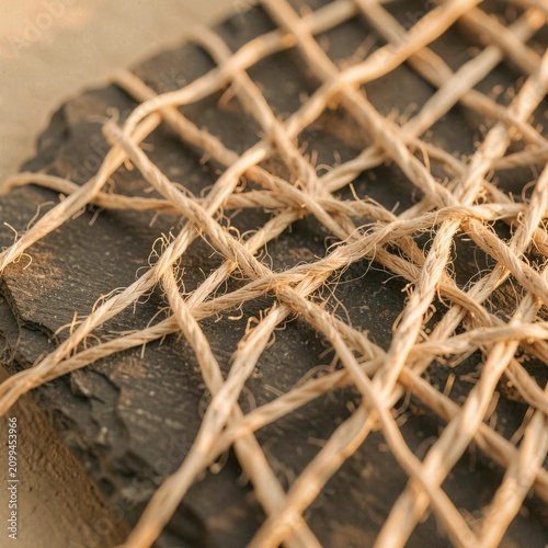 Rustic Stone Wrapped In Natural Rope Net.