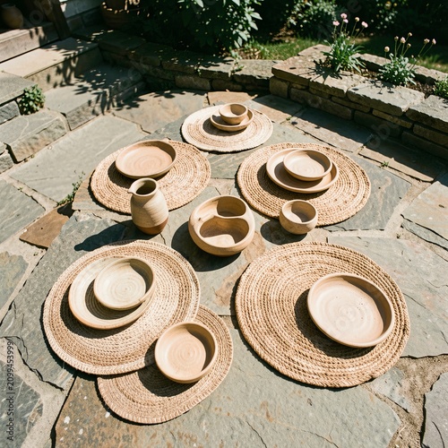 Rustic Straw Hats Arranged on Stone Patio.