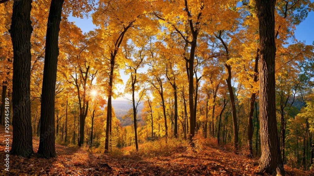 Fototapeta premium Wide-angle autumn landscape featuring golden maple trees, sunlit leaves, and blue sky