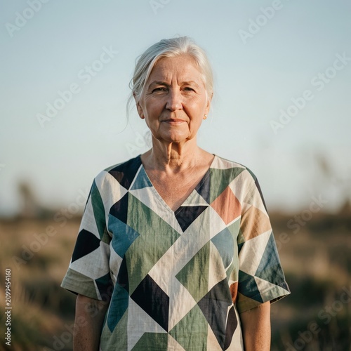 Senior woman outdoors in patterned blouse.