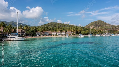 View of a Marina With Boats and Houses Near Clear Water at a Tropical Locatio...