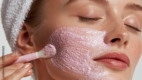 Close-up of a beautiful young woman, cosmetic mask on her face, brush, skin care concept, slow motion