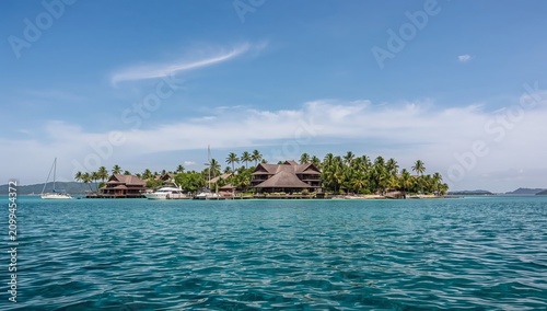 View of a Marina With Boats and Houses Near Clear Water at a Tropical Locatio...