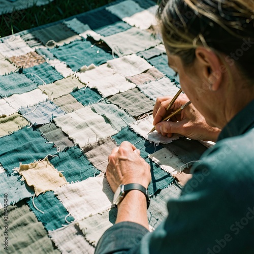 Woman Sewing Patchwork Quilt By Hand.
