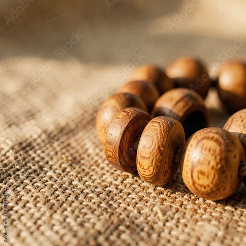 Wooden Prayer Beads on Rustic Burlap Fabric.