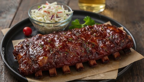 Barbecue Ribs Served on a Plate With Coleslaw and a Drink in the Background