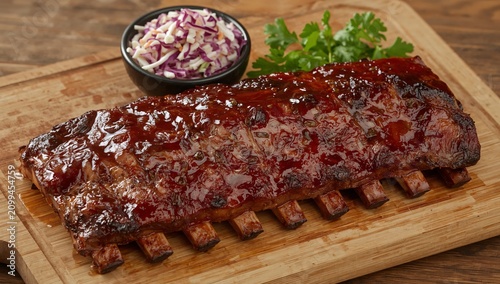 Barbecue Ribs Served on a Plate With Coleslaw and a Drink in the Background