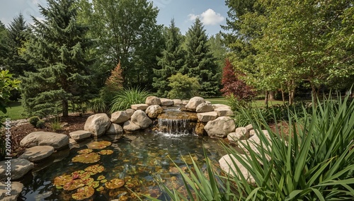 Garden With Pond and Rocks in a Residential Backyard During Daytime