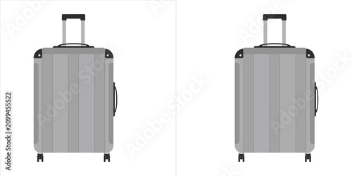 Konstfotografi Set of two identical silver suitcases with wheels and retractable handles, moder