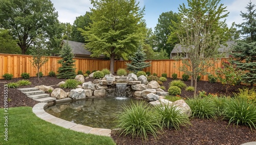 Outdoor Garden With Stone Features and Wooden Structure in Evening Light