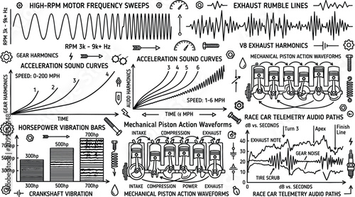 Automotive Engineering and Race Car Telemetry Audio Waveform Vector Set Featuring Mechanical Piston Action Diagrams Engine Harmonics Graphs and Horsepower Vibration Charts
