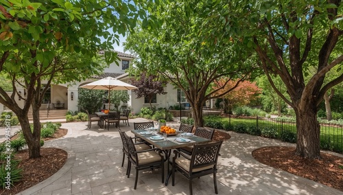 Gathering Setup at a Dining Space With Tables Arranged Under Trees in a Garden