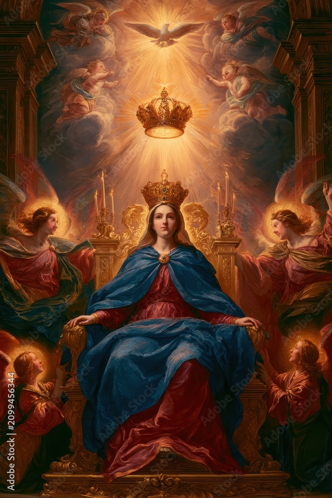 Obraz premium Sacred icon: Virgin Mary crowned on an ornate throne with heavenly angels and radiant light