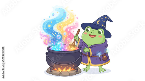 Smiling green witch stirring bubbling cauldron.