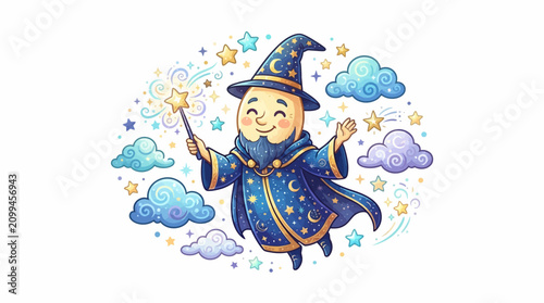 Smiling Cartoon Wizard with Magic Wand.