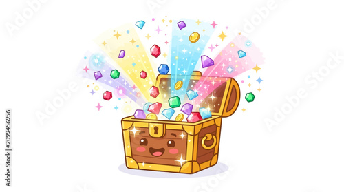 Smiling treasure chest with jewels.