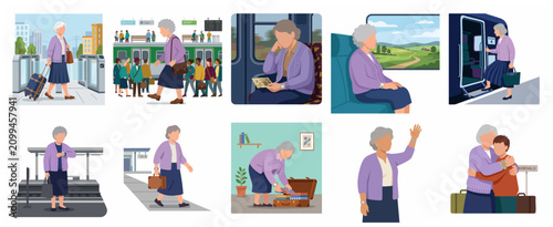 Quadro su tela Vector illustration set of an elderly woman traveling by train, from packing and commuting to a heartfelt family reunion at the arrivals gate
