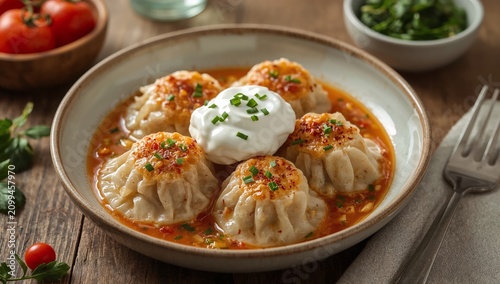 Delicious Dumplings Served in Broth With Herbs and Sour Cream for a Tasty Meal
