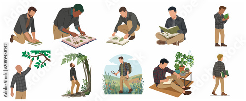 Konstfotografi Set of male botanist characters exploring nature and studying plant specimens in herbarium books, flat vector illustration for science and education
