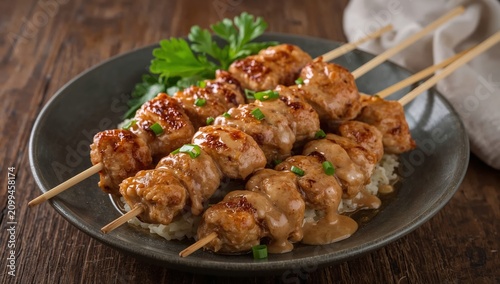 Grilled Chicken Skewers Served on a Plate of Noodles With Peanut Sauce