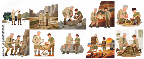 Canvastavla Set of illustrations featuring grandfather and grandson as paleontologists explo