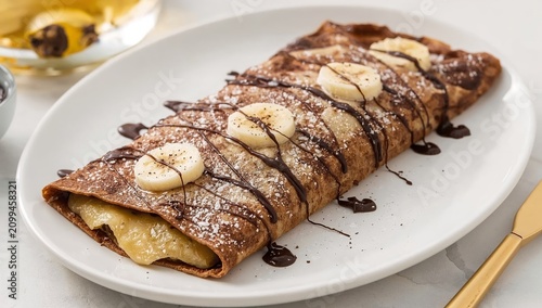 Three Rolled Pancakes With Chocolate and Banana on a White Plate