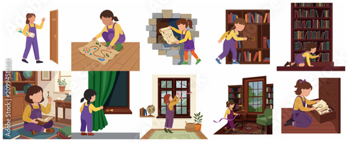 Curious Little Girl Adventurer and Detective Character Set with Treasure Map, Key, and Secret Library Room Illustrations
