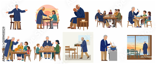 Elderly man daily life and routine vector illustration set, featuring a senior grandfather eating with family, cooking, drinking coffee, and social scenes.