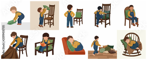 Vector illustration set of a young boy engaged in various activities including reading, playing with pillows, and sleeping on chairs.