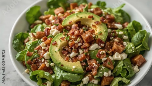 Fresh Salad With Spinach, Corn, Bacon, and Sweet Peppers Served in a Bowl Wit...