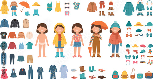 Obraz na płótnie Children's Clothing and Seasonal Outfits Illustration Set with Girl Character fo