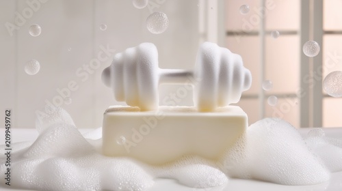 Large bar of soap lifting foam bubble dumbbells in a pristine white bathroom, humorously symbolizing self-care, effort, and personal wellness.