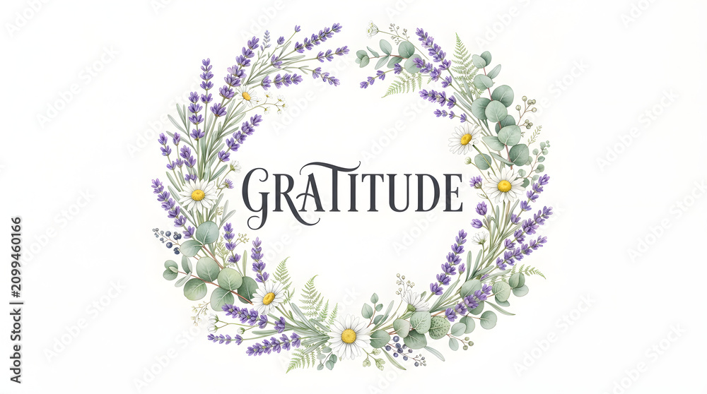 Fototapeta premium Watercolor floral wreath with 'gratitude' typography botanical thank you design