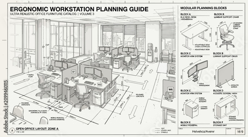 Photos Ergonomic workstation planning guide with perspective view of open office layout