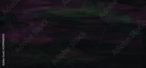 Tableau sur toile Dark abstract background with glowing purple and green polygonal shapes and a faint starry sky effect, textured with fine lines creating a mystical cosmic landscape