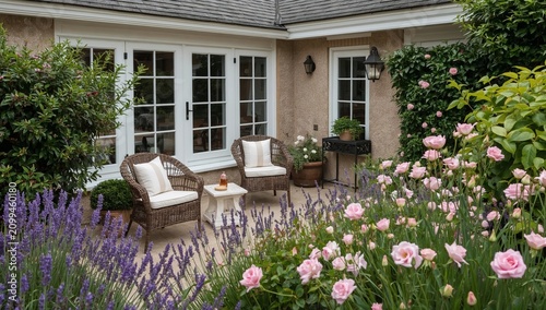 Outdoor Seating Area in a Garden With Flowers and Plants