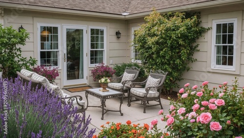 Outdoor Seating Area in a Garden With Flowers and Plants