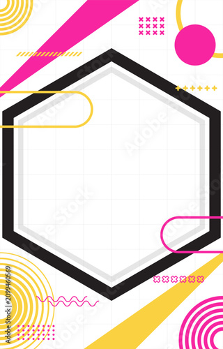 Abstract Geometric Memphis Background with Blank Hexagon Frame for Social Media Banner Flyer and Invitation Card Template